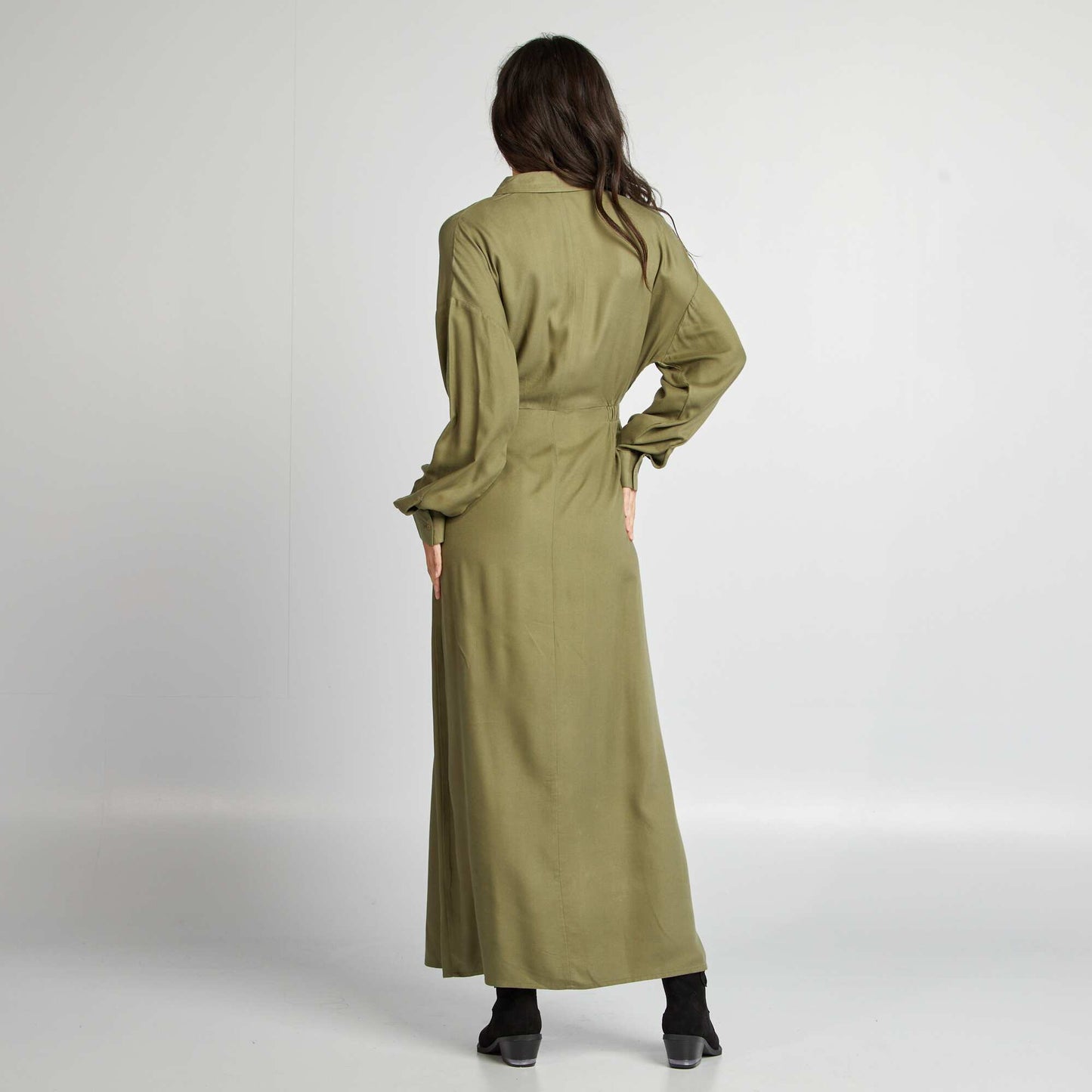 Long patterned dress with shirt collar KHAKI