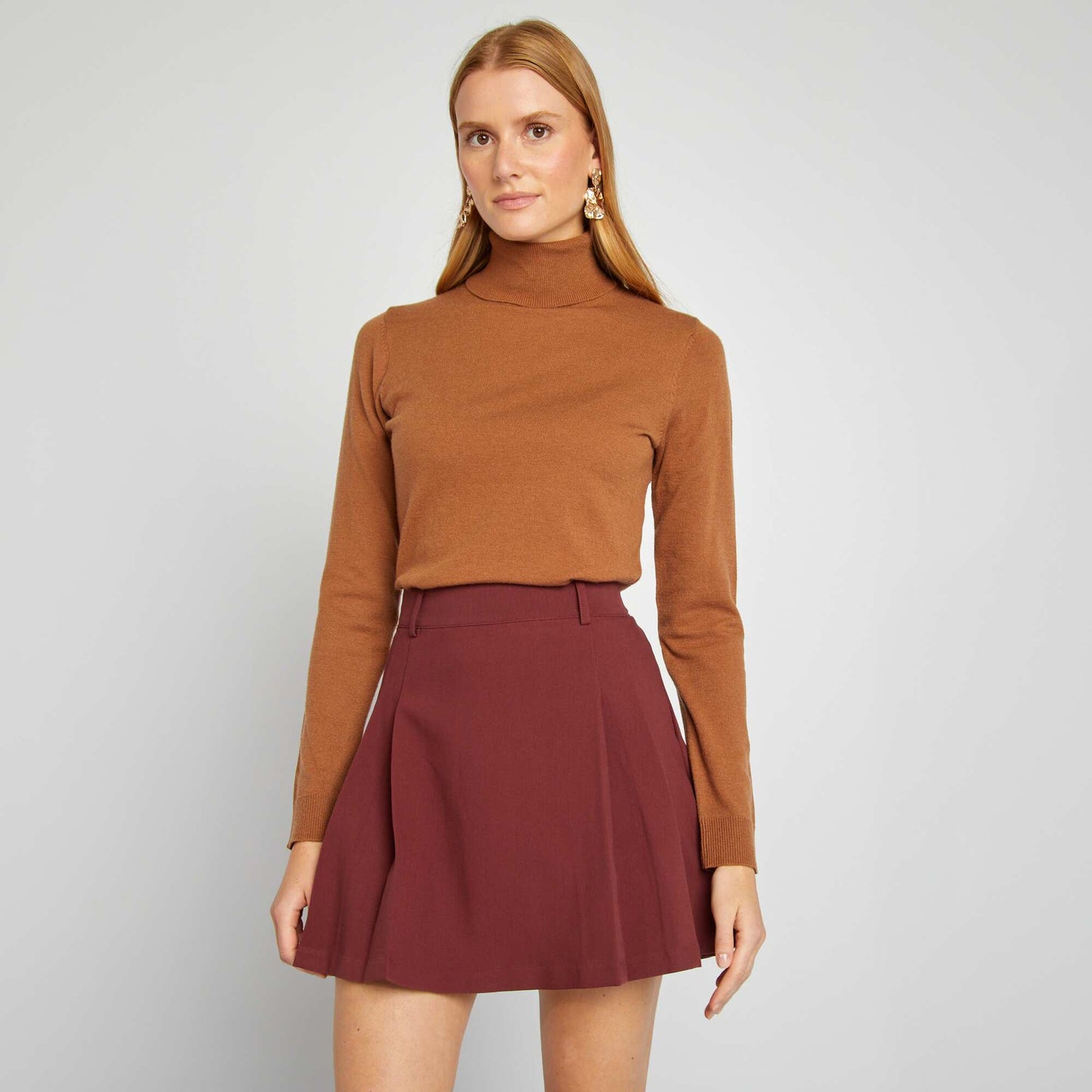 Fine-knit polo neck sweater BROWN