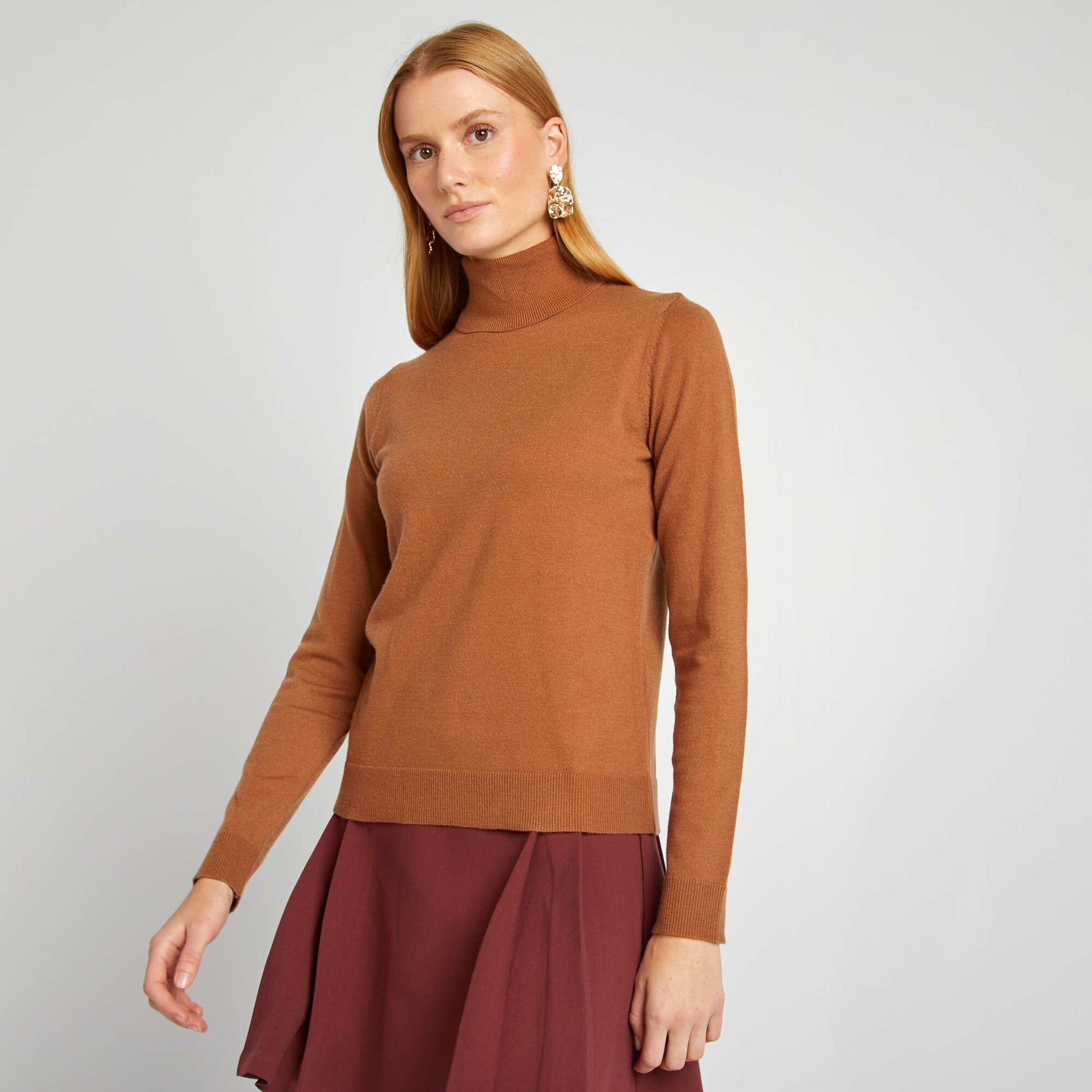 Fine-knit polo neck sweater BROWN - Main Image