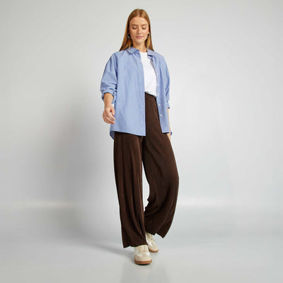 بنطلون محبوك بثنيات قماش واسع الساقين BROWN