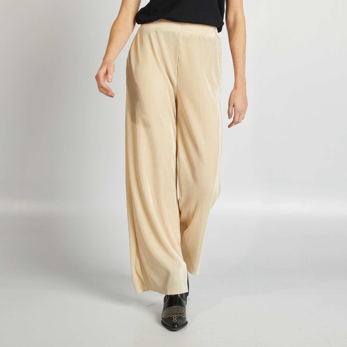 Pleated knit fabric wide-leg trousers BEIGE