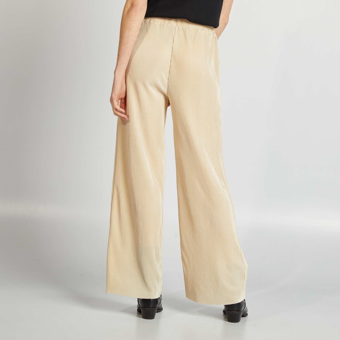 Pleated knit fabric wide-leg trousers BEIGE