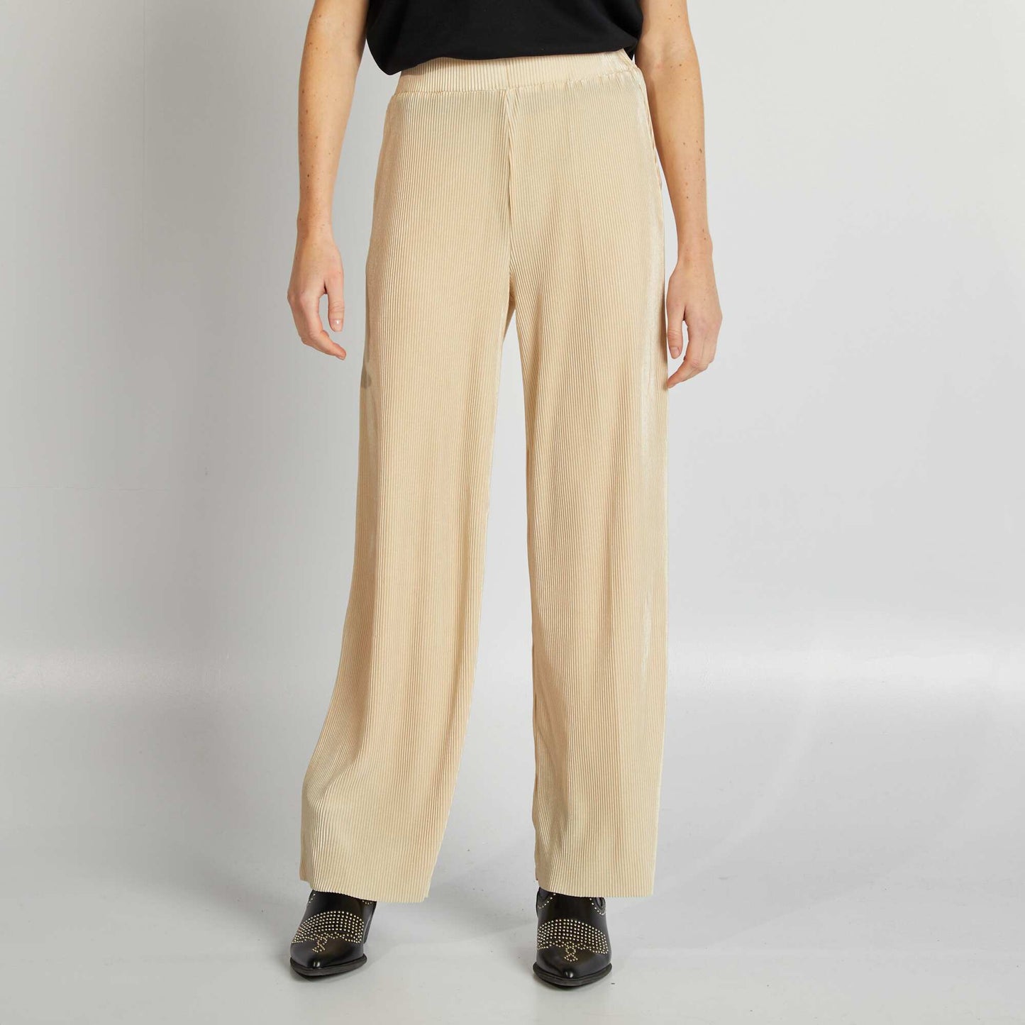 Pleated knit fabric wide-leg trousers BEIGE