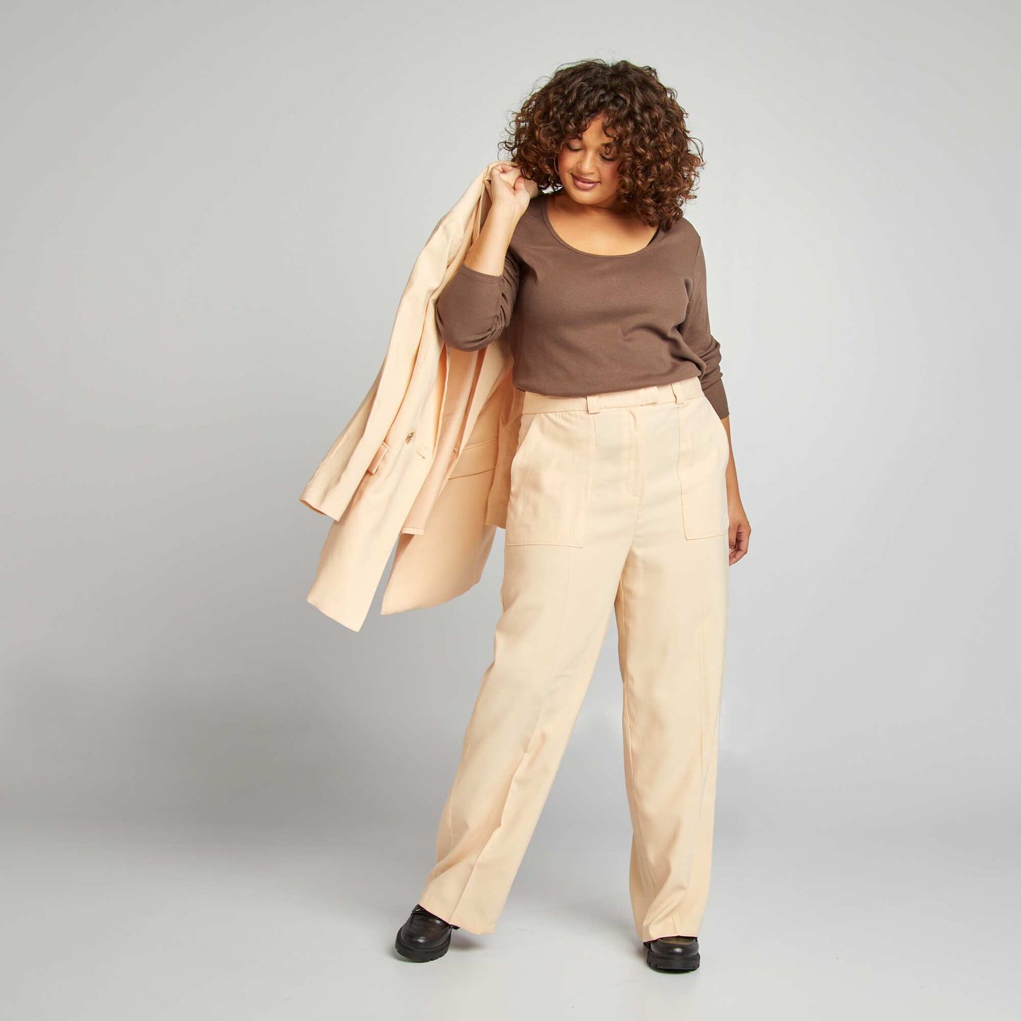 Wide-leg twill tailored trousers BEIGE