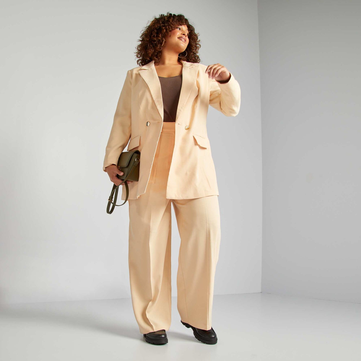 Wide-leg twill tailored trousers BEIGE