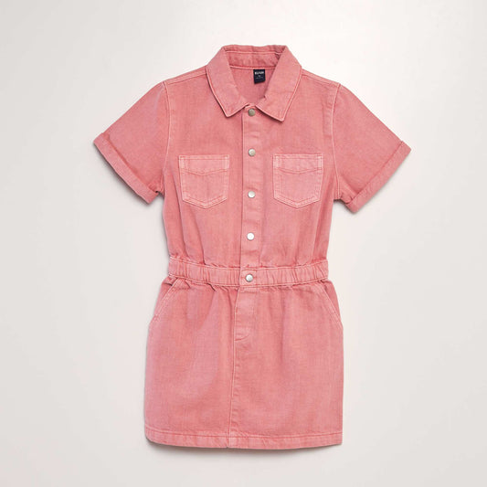 Short denim dress with elasticated waist pink