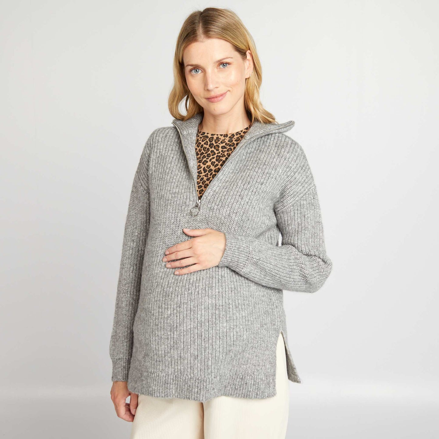 Maternity jumper with high zipped neck GREY