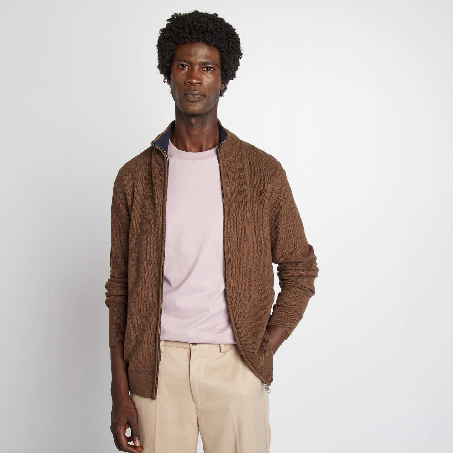 High neck zip-up cardigan BROWN