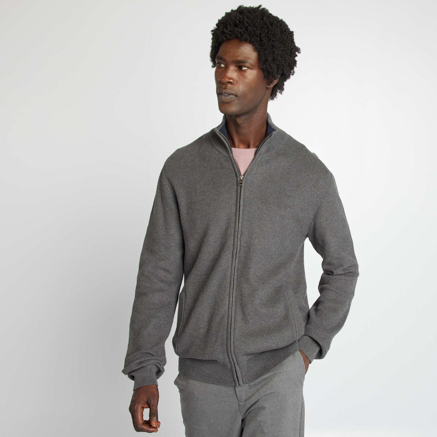 High neck zip-up cardigan GREY