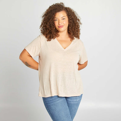 مزيج الكتان تي شيرت بياقة على شكل V بيج