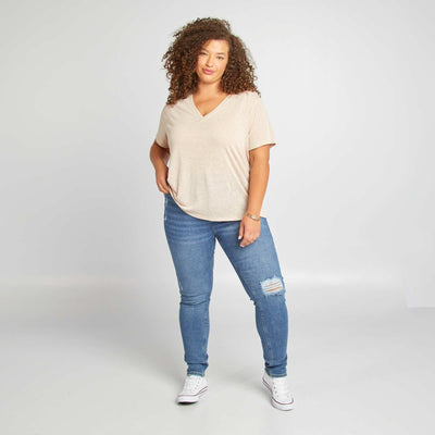 مزيج الكتان تي شيرت بياقة على شكل V بيج