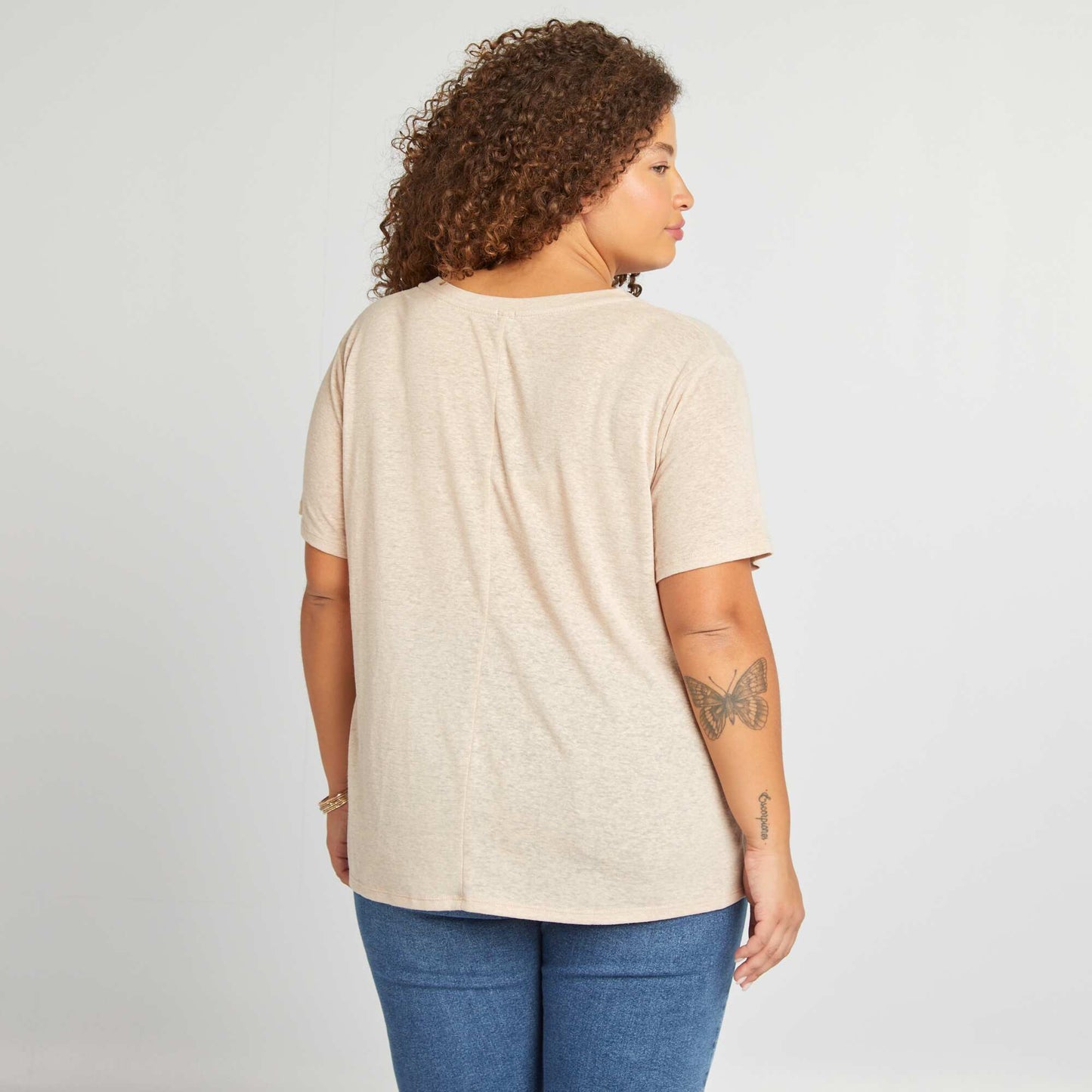 Linen blend V-neck T-shirt BEIGE