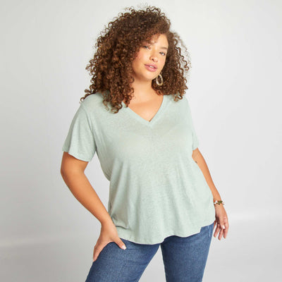 مزيج الكتان تي شيرت بياقة على شكل V أخضر