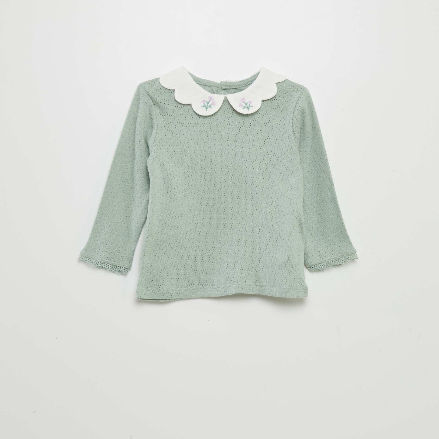 Pointelle knit fabric T-shirt with Peter Pan collar GREEN