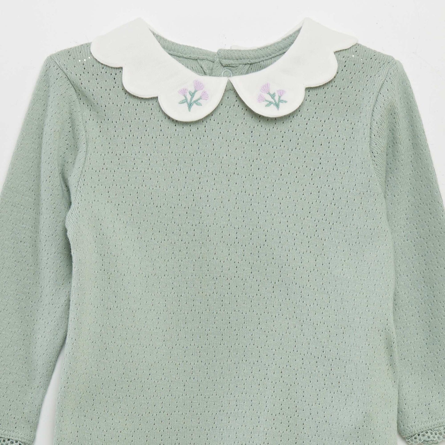 Pointelle knit fabric T-shirt with Peter Pan collar GREEN