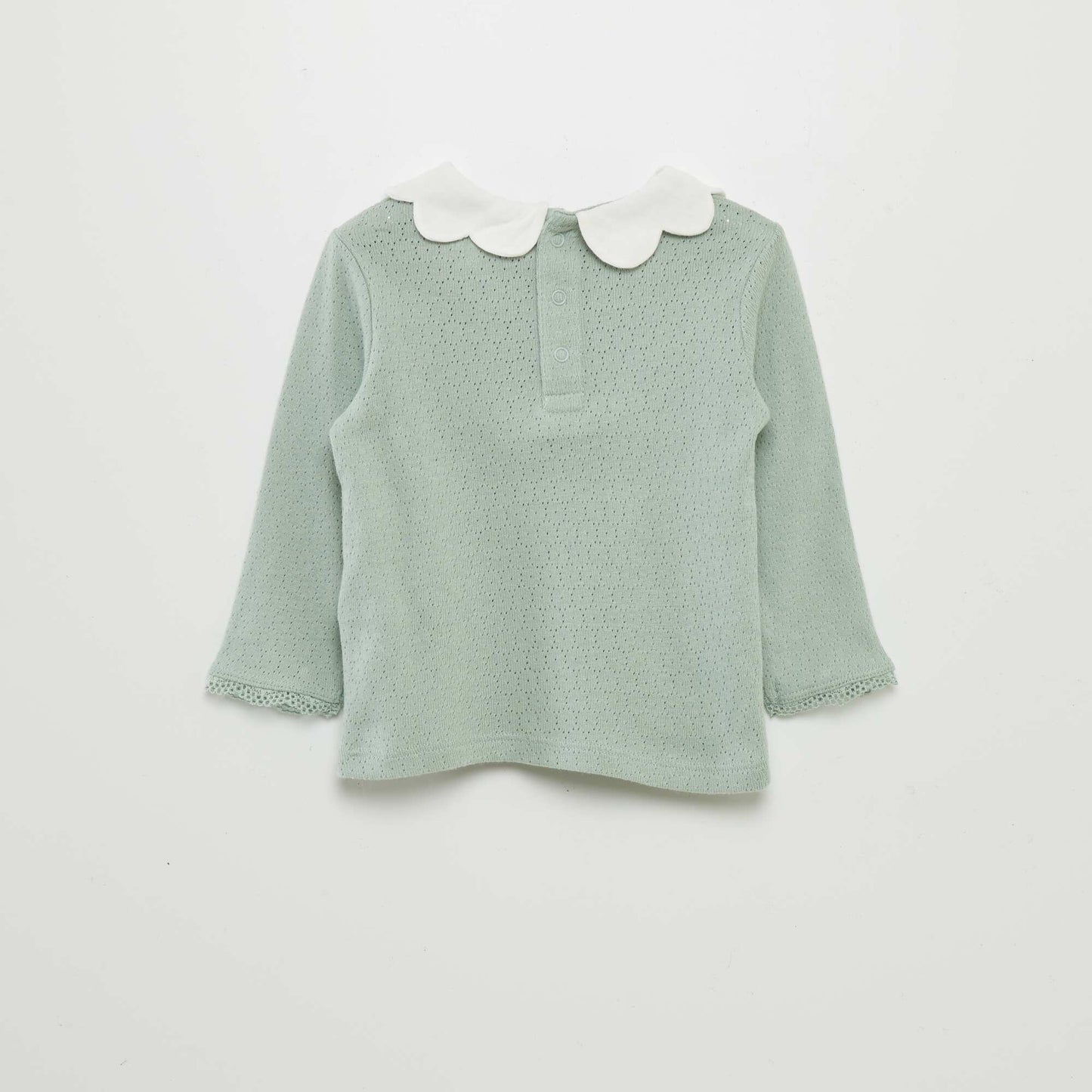 Pointelle knit fabric T-shirt with Peter Pan collar GREEN