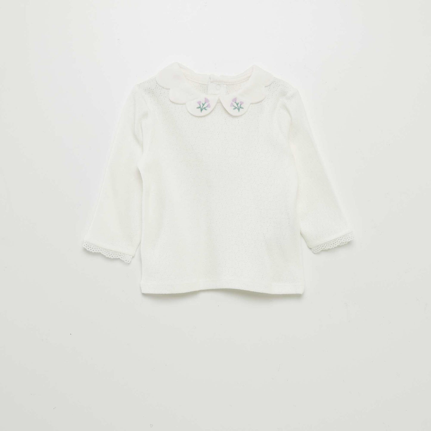 Pointelle knit fabric T-shirt with Peter Pan collar WHITE