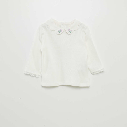 Pointelle knit fabric T-shirt with Peter Pan collar WHITE