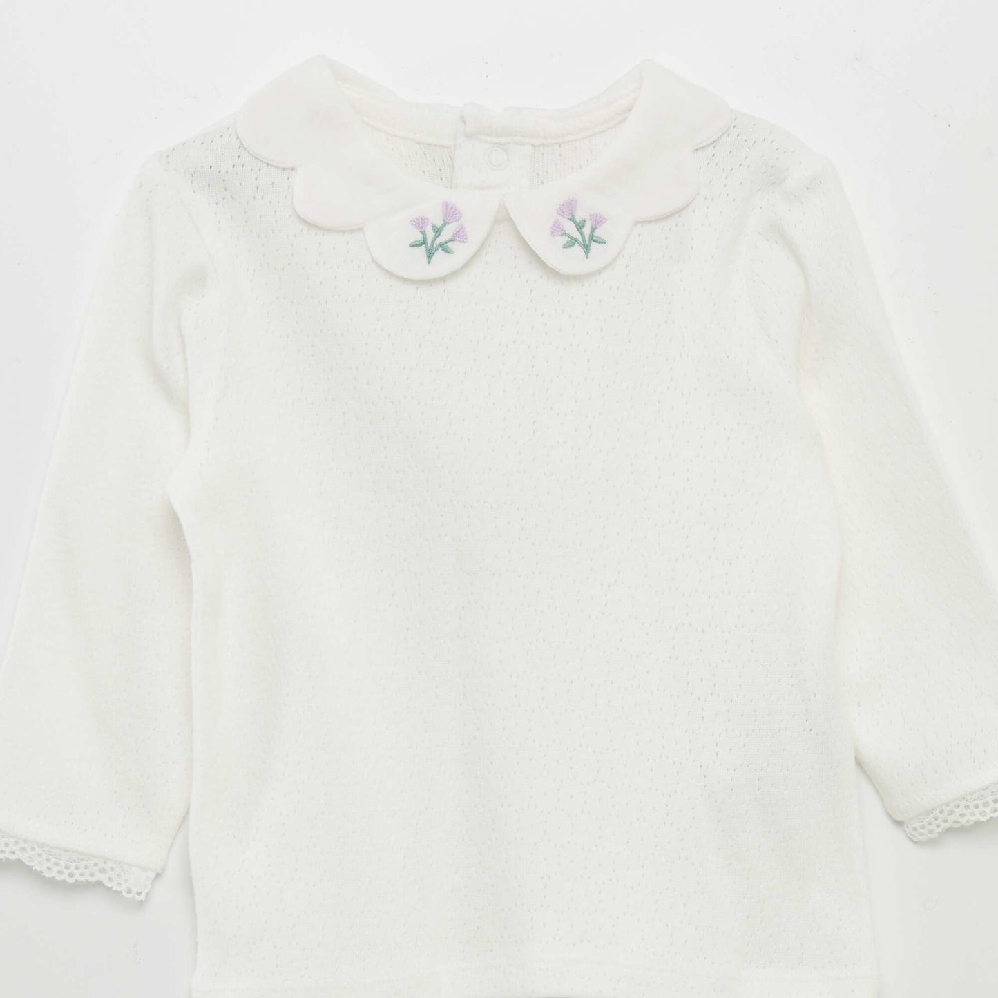 Pointelle knit fabric T-shirt with Peter Pan collar WHITE