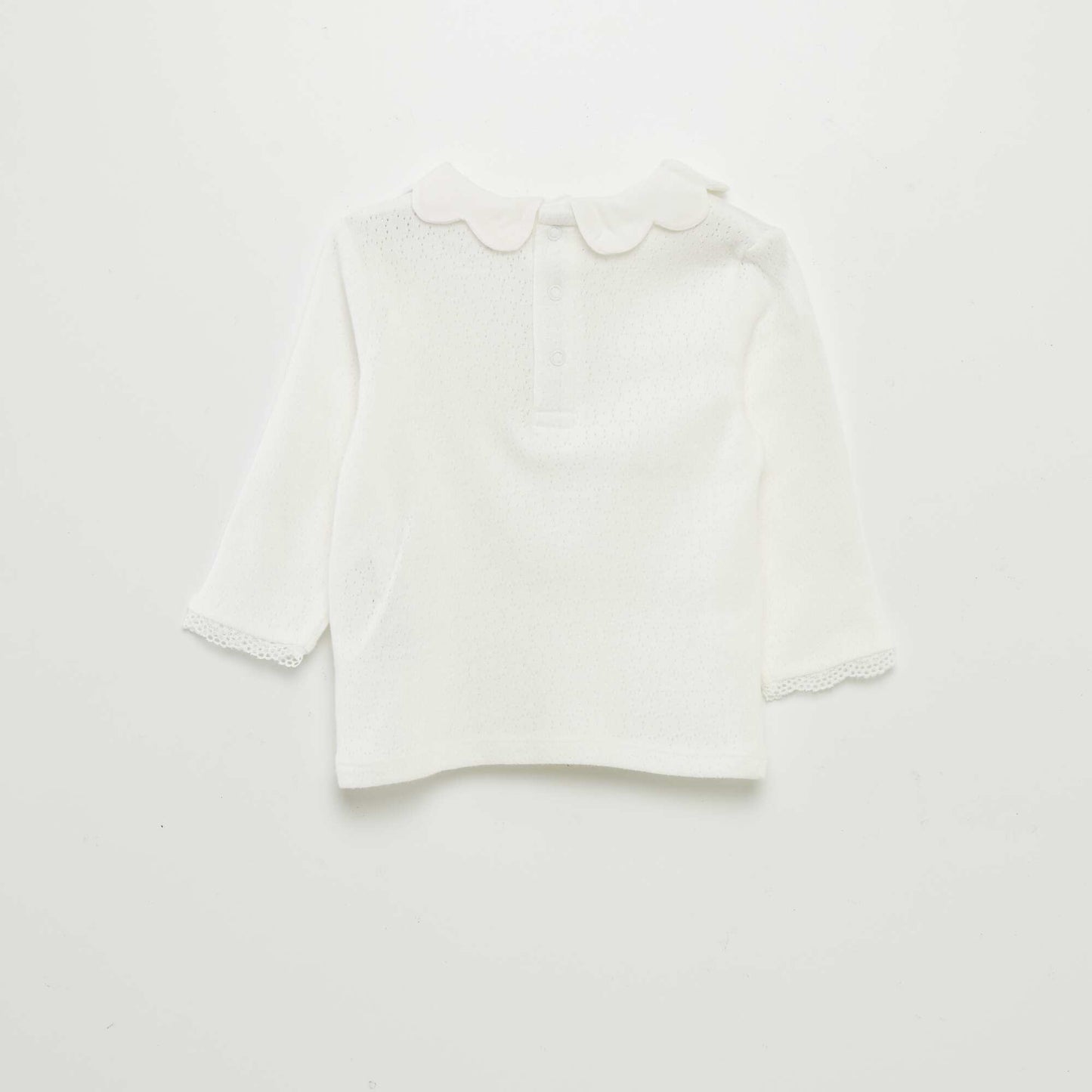 Pointelle knit fabric T-shirt with Peter Pan collar WHITE