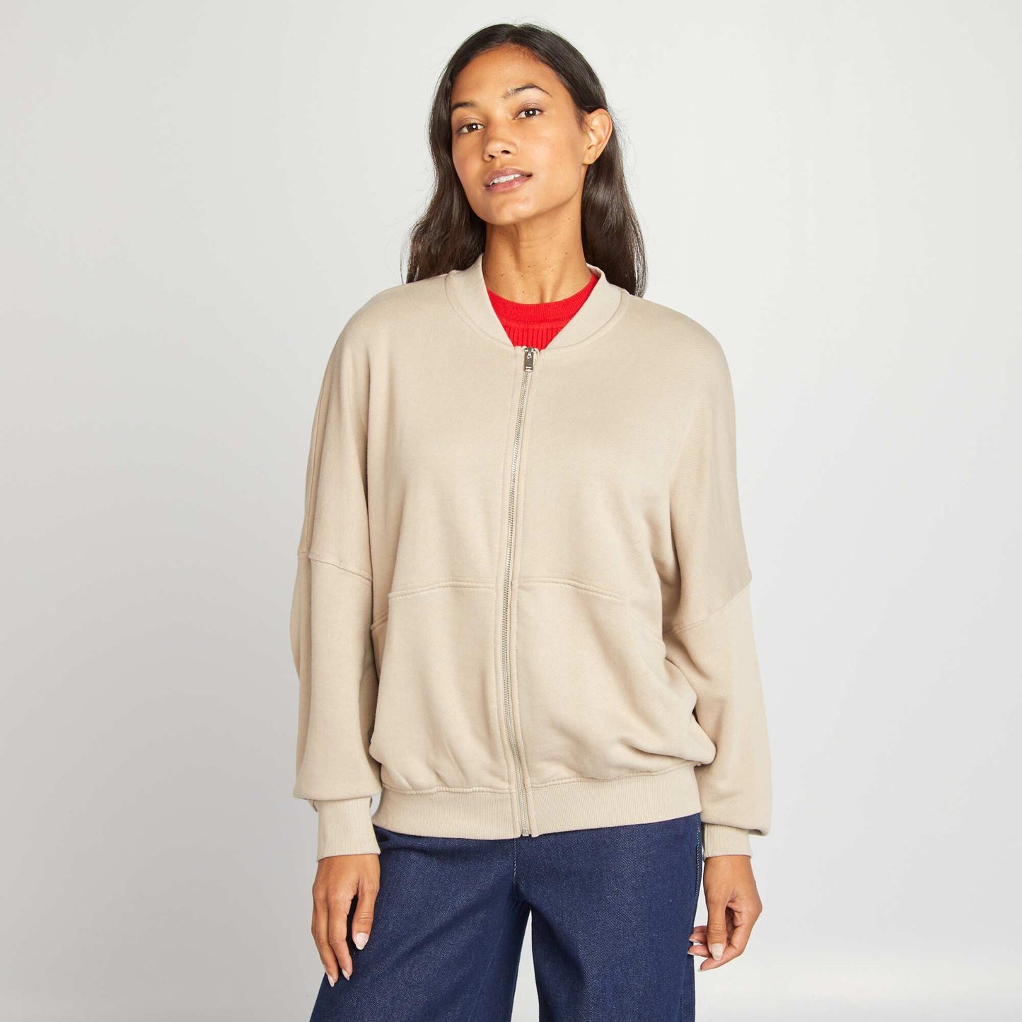 Oversized zip-up sweatshirt beige