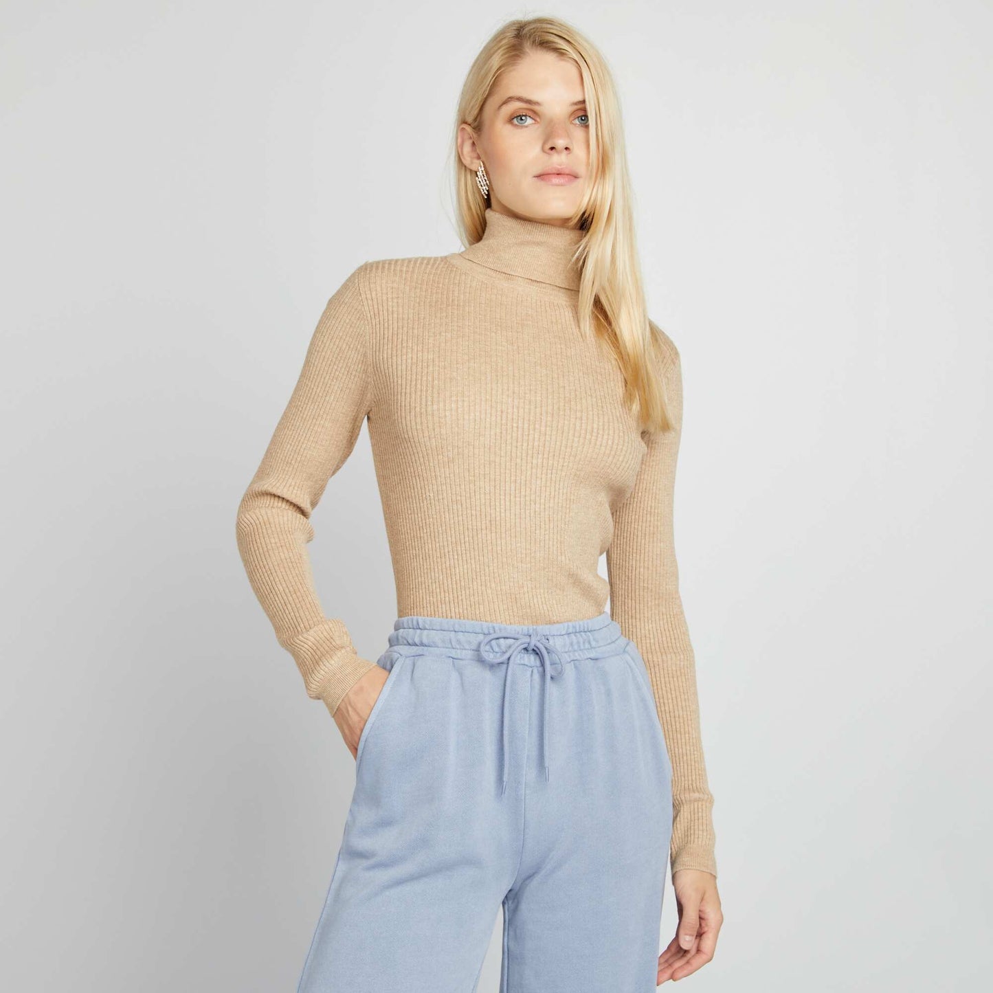 Ribbed knit polo neck sweater BEIGE