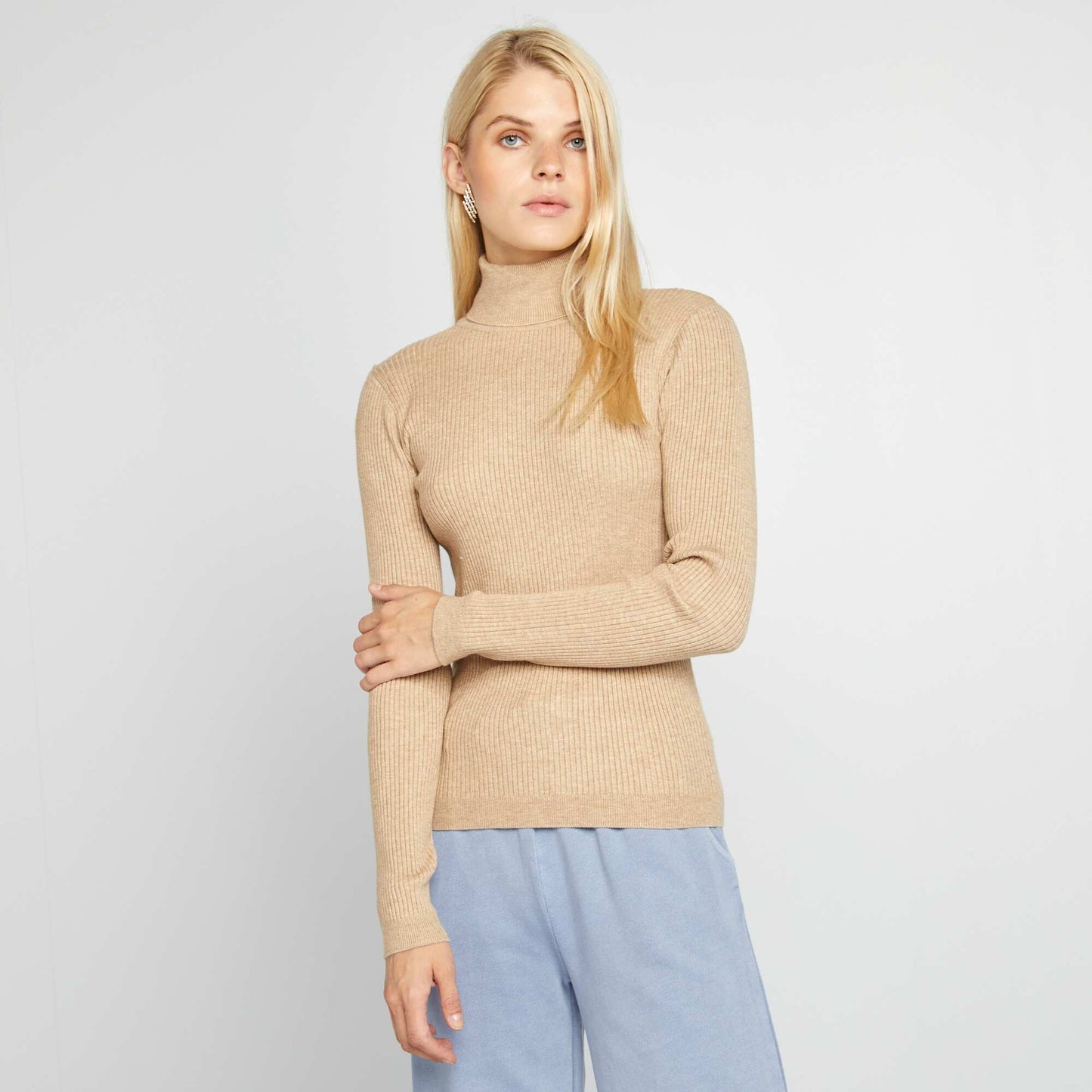 Ribbed knit polo neck sweater BEIGE