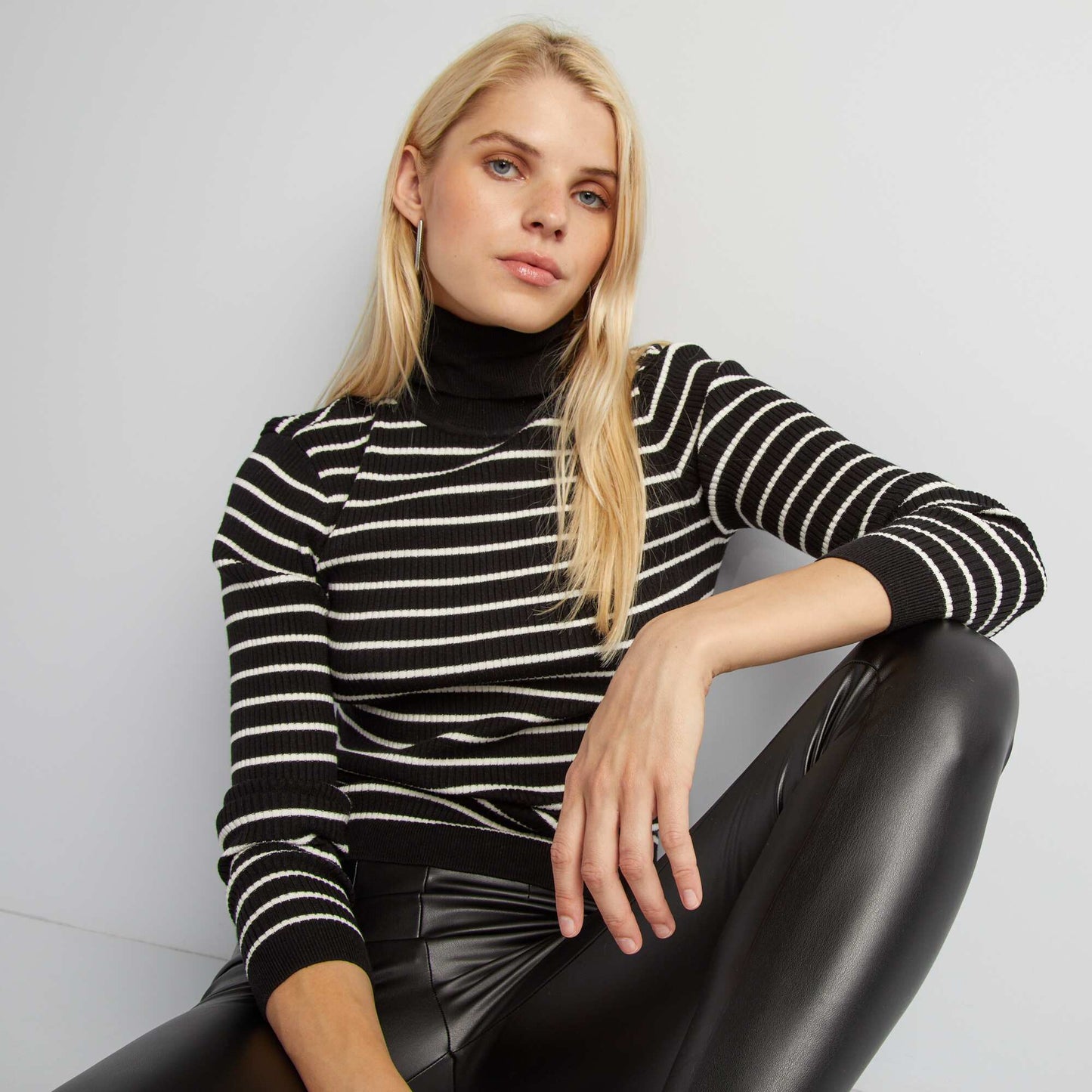 Striped ribbed knit polo neck sweater BLACK