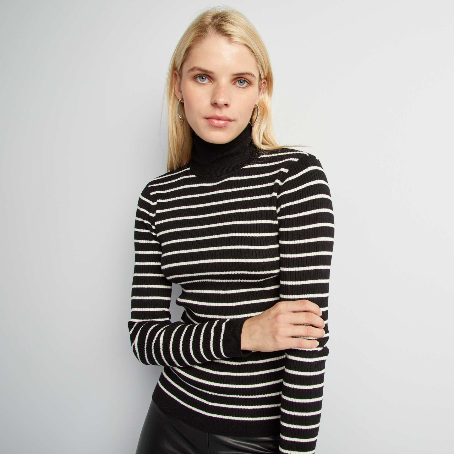 Striped ribbed knit polo neck sweater BLACK