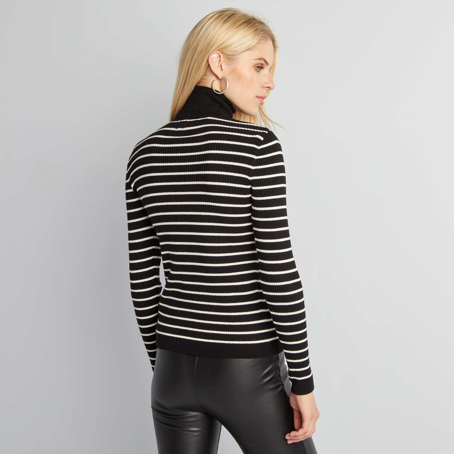 Striped ribbed knit polo neck sweater BLACK