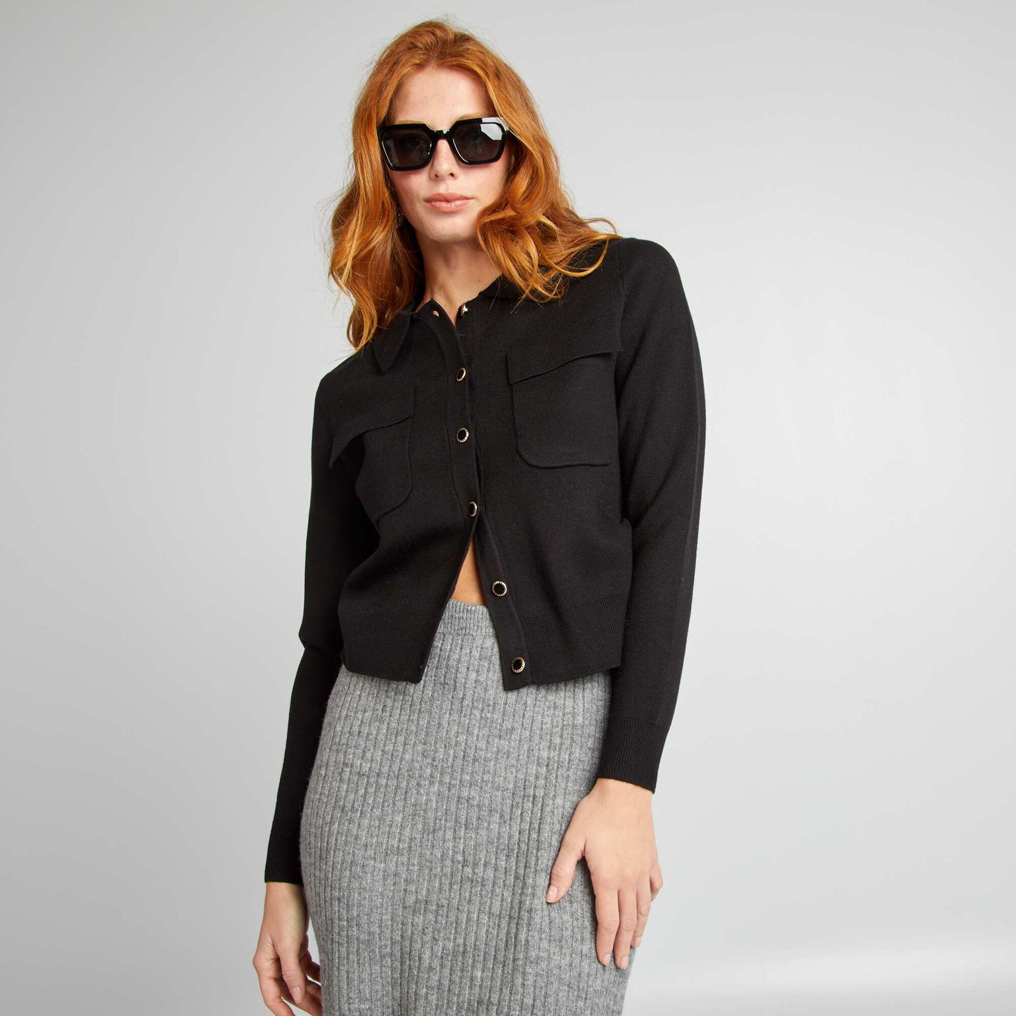 Knit buttoned cardigan with polo collar black