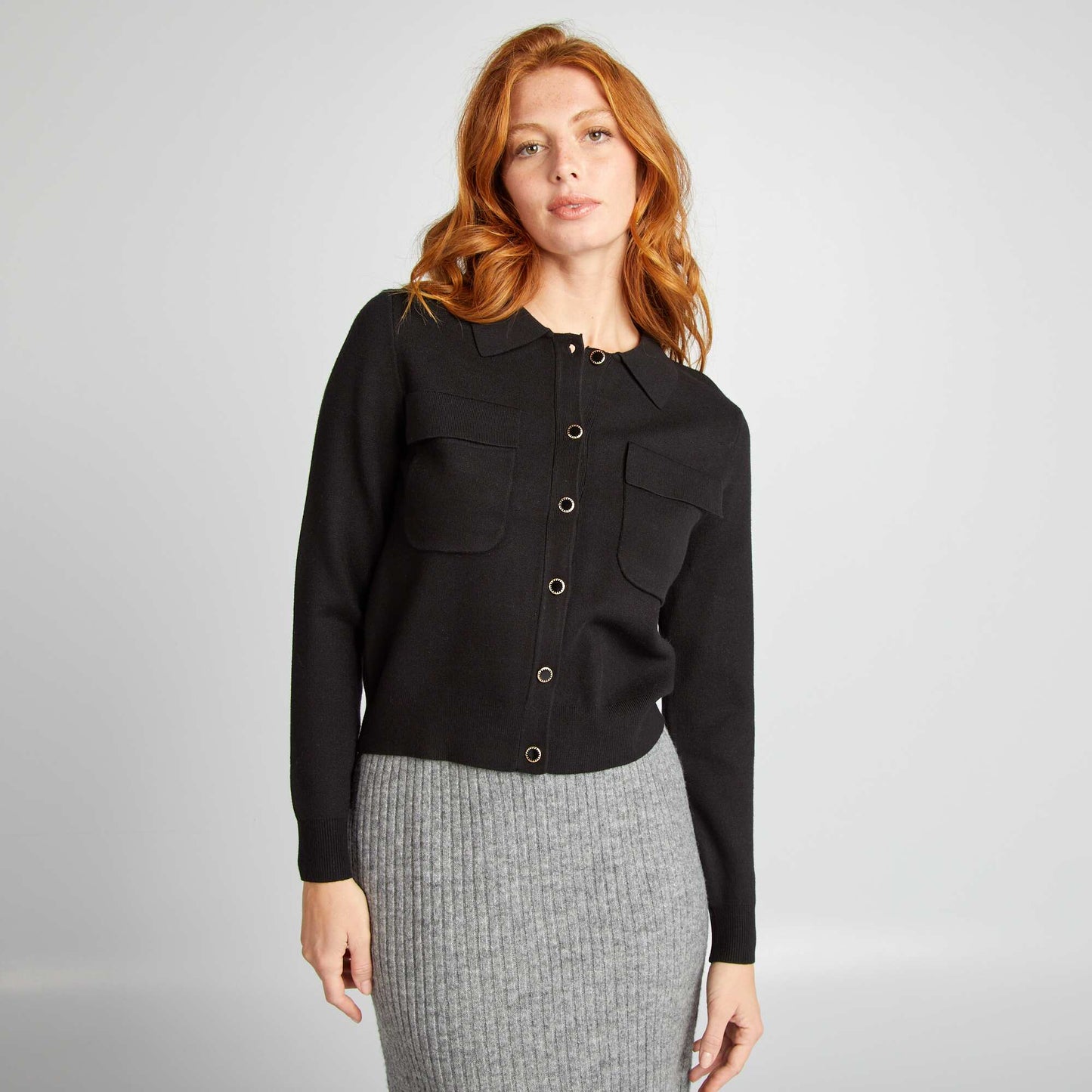 Knit buttoned cardigan with polo collar black