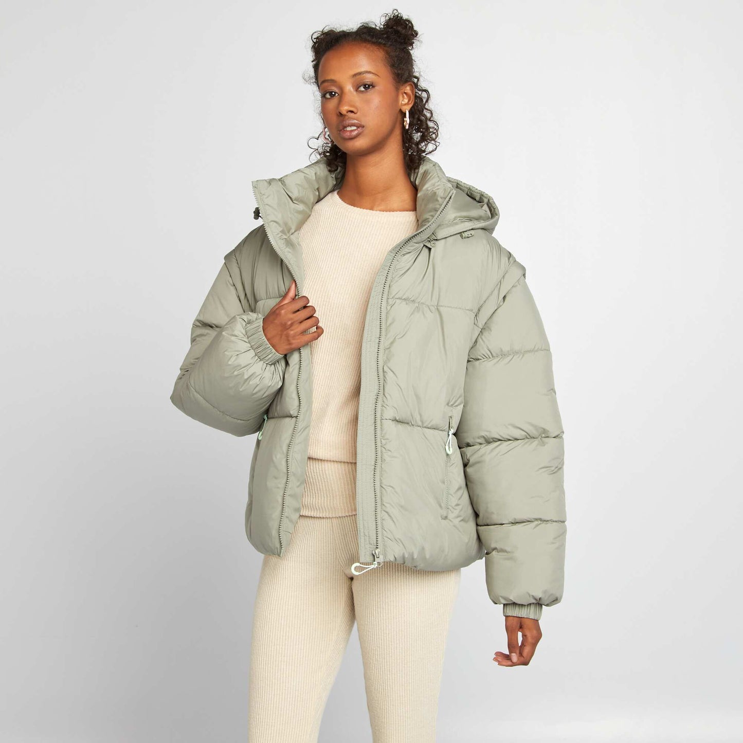 Puffy padded jacket with detachable sleeves and hood GREEN