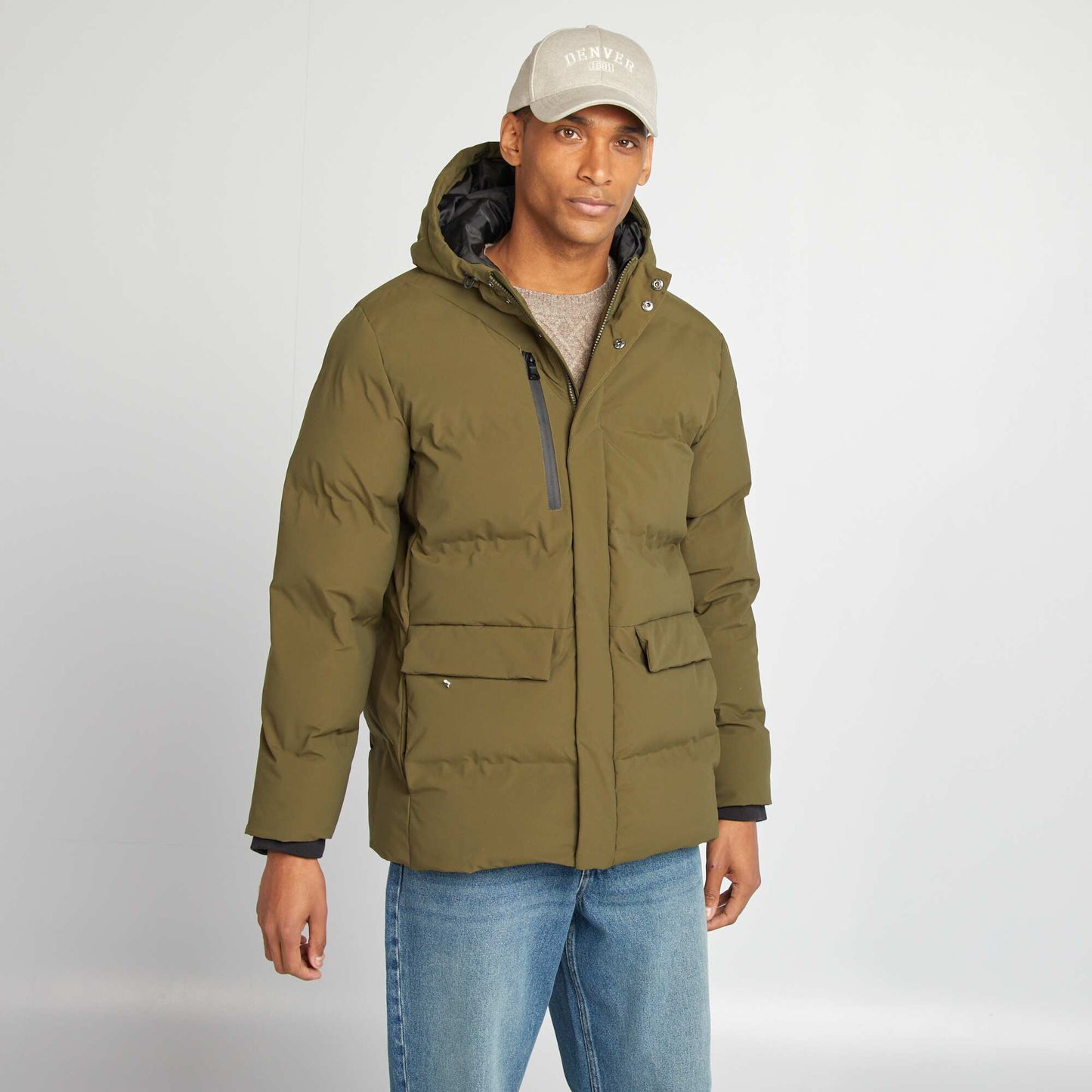 Long quilted padded coat KHAKI