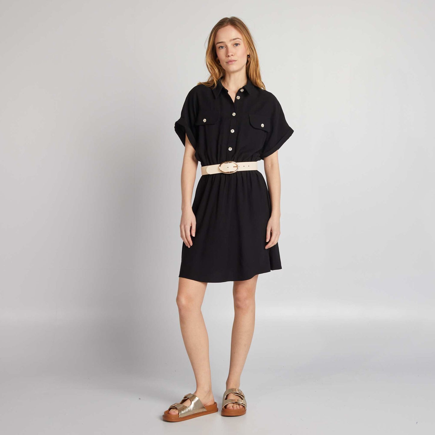 Elasticated shirt dress BLACK