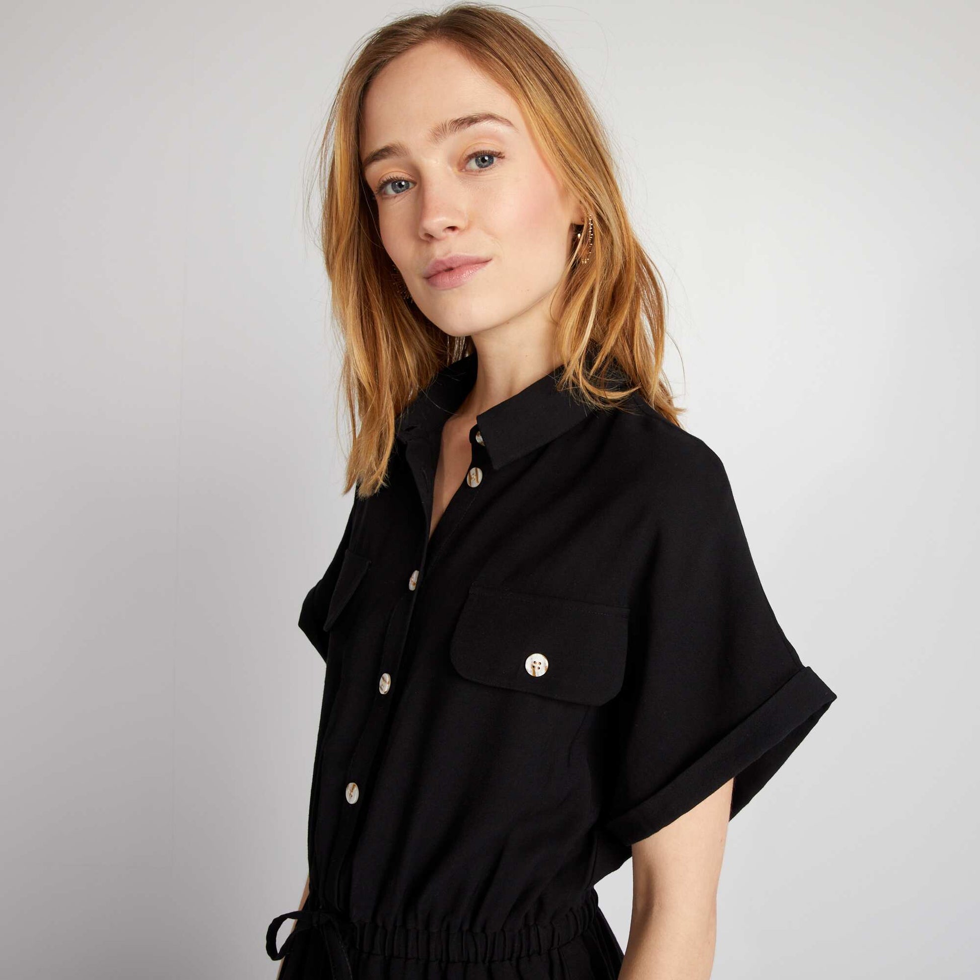 Elasticated shirt dress BLACK