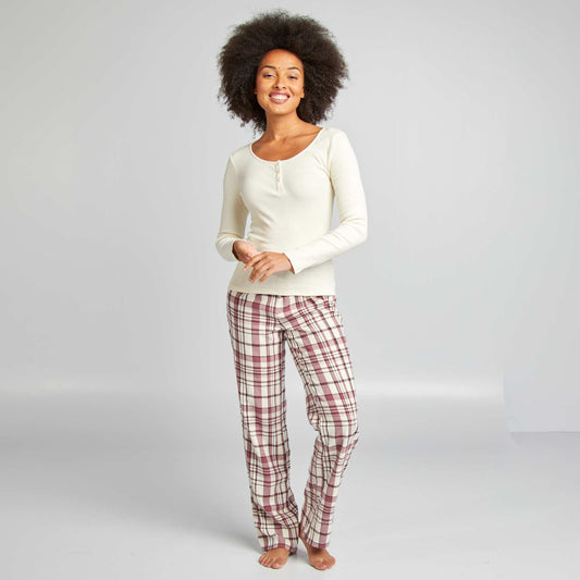 Checked T-shirt + trousers pyjama set BEIGE