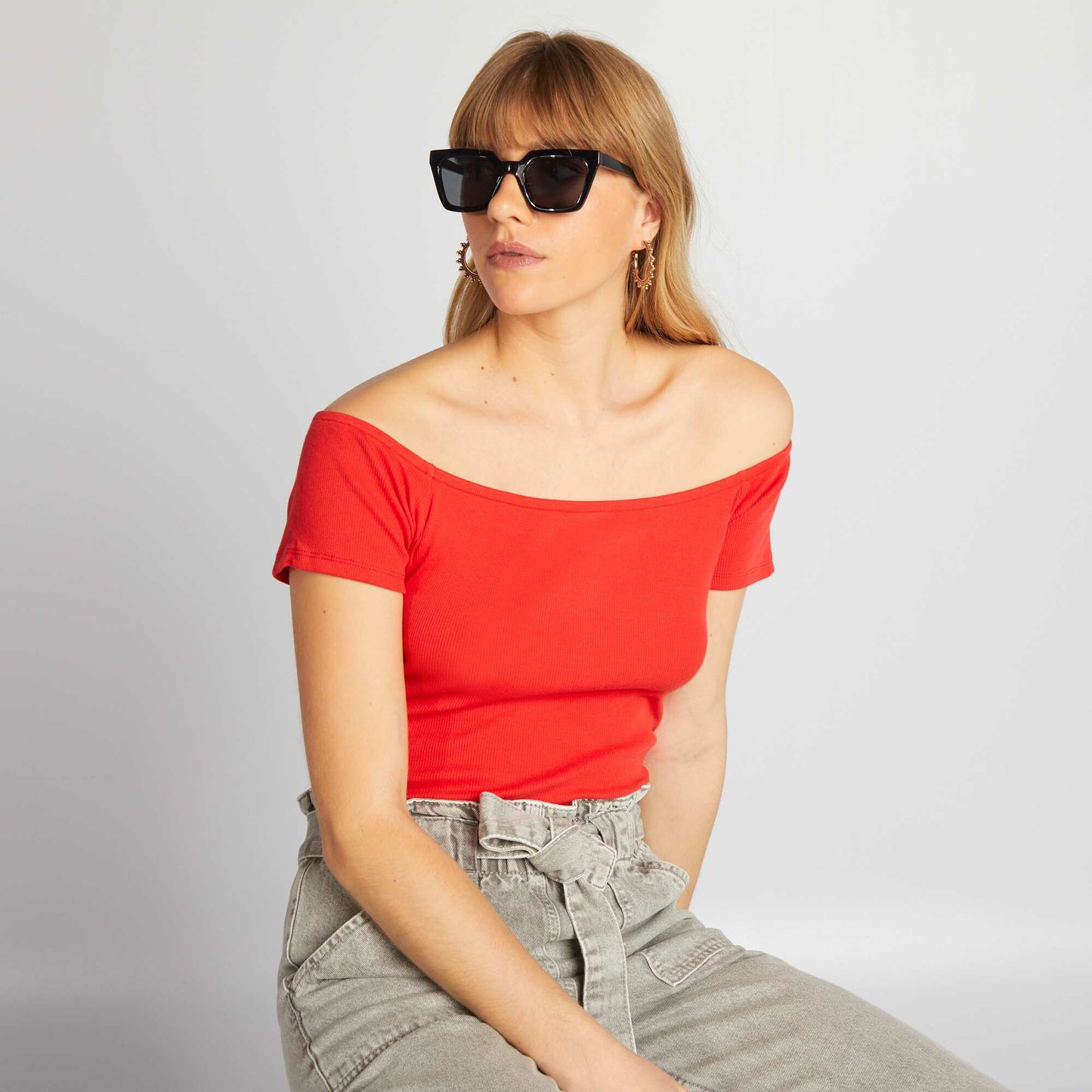 Ribbed knit Bardot T-shirt RED