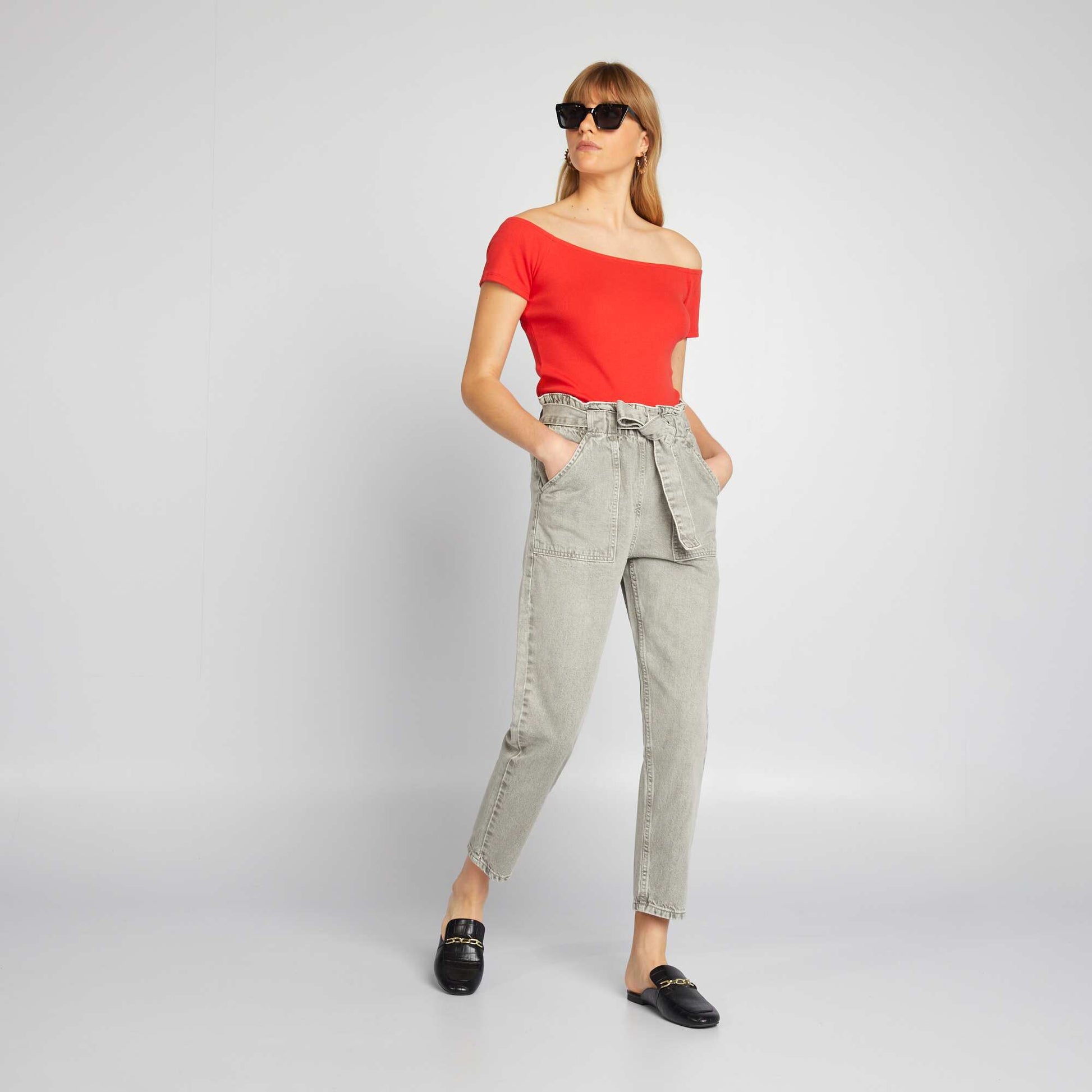 Ribbed knit Bardot T-shirt RED