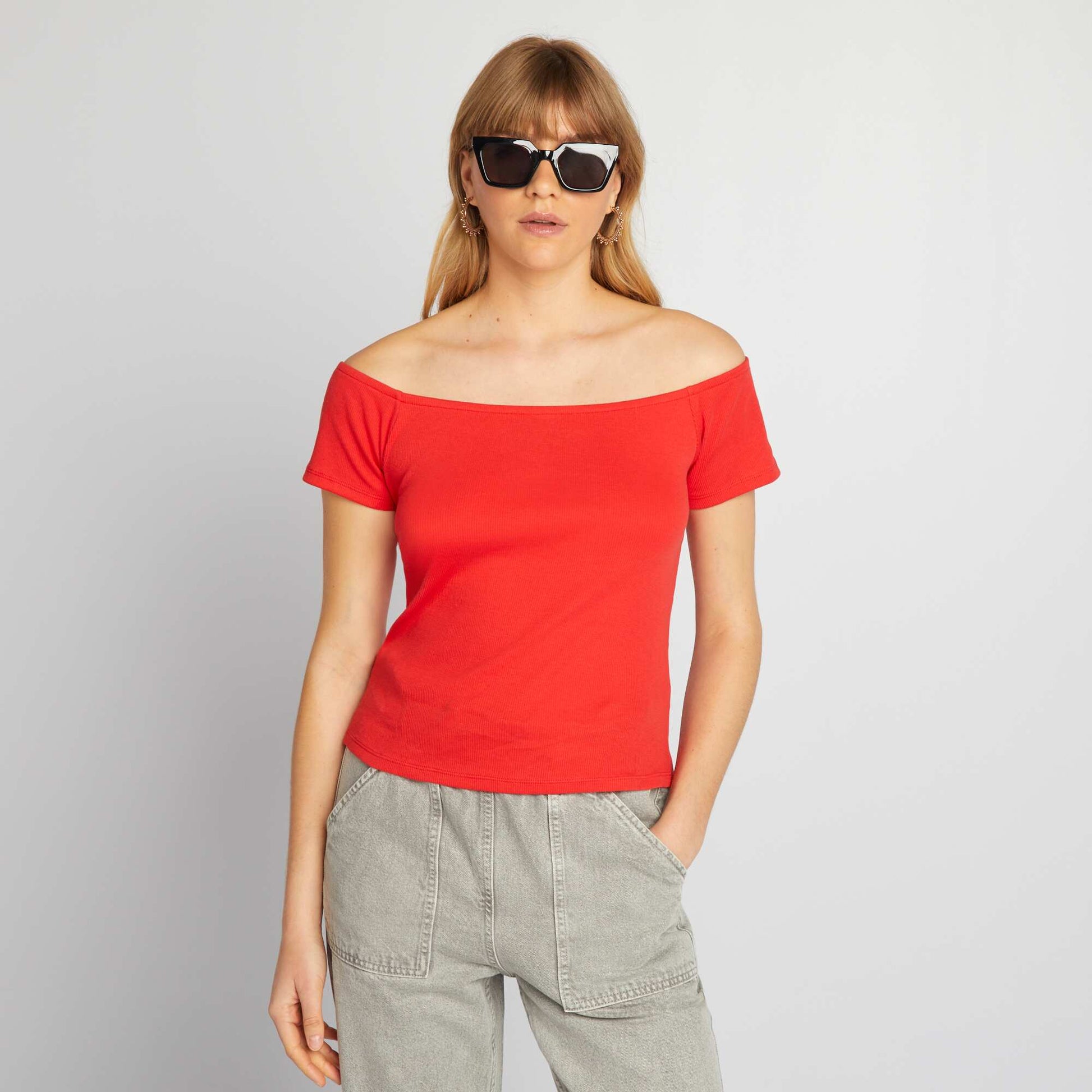 Ribbed knit Bardot T-shirt RED