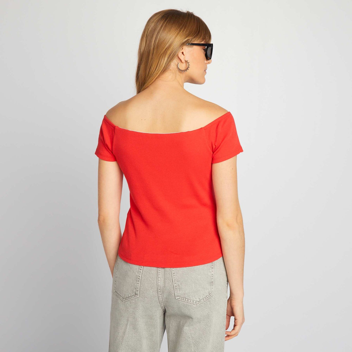 Ribbed knit Bardot T-shirt RED