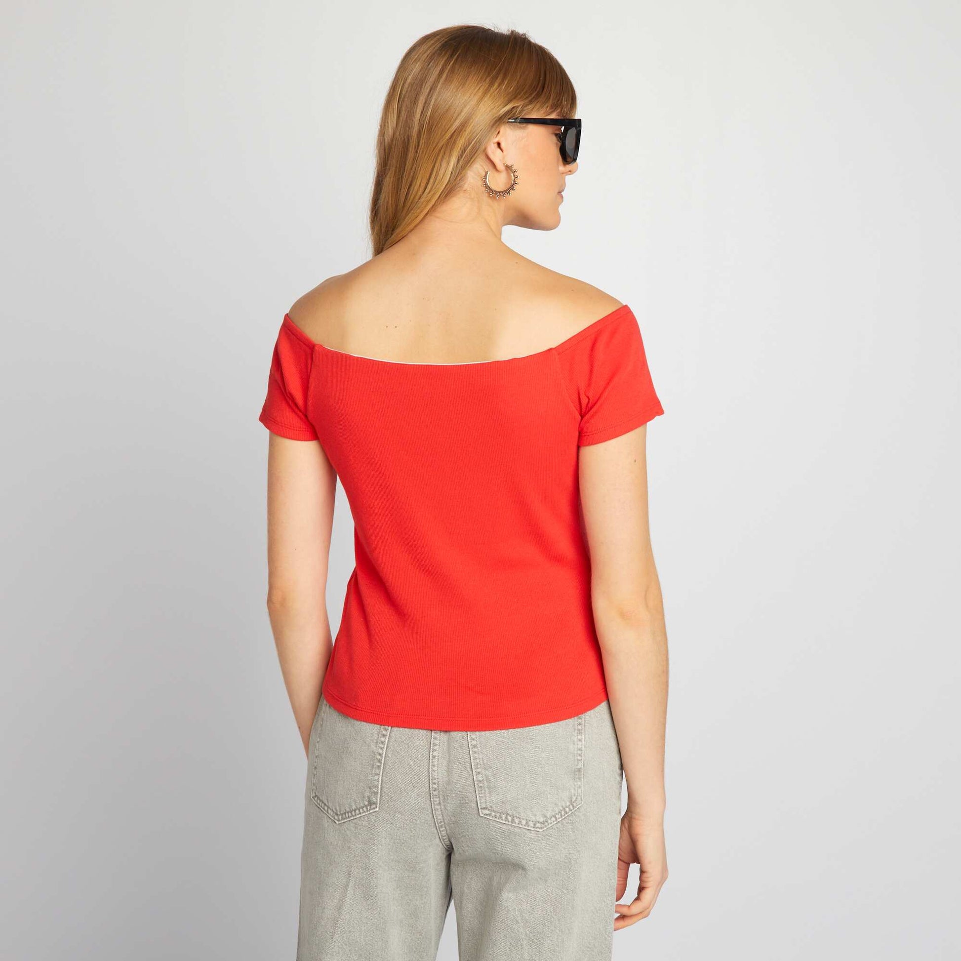 Ribbed knit Bardot T-shirt RED