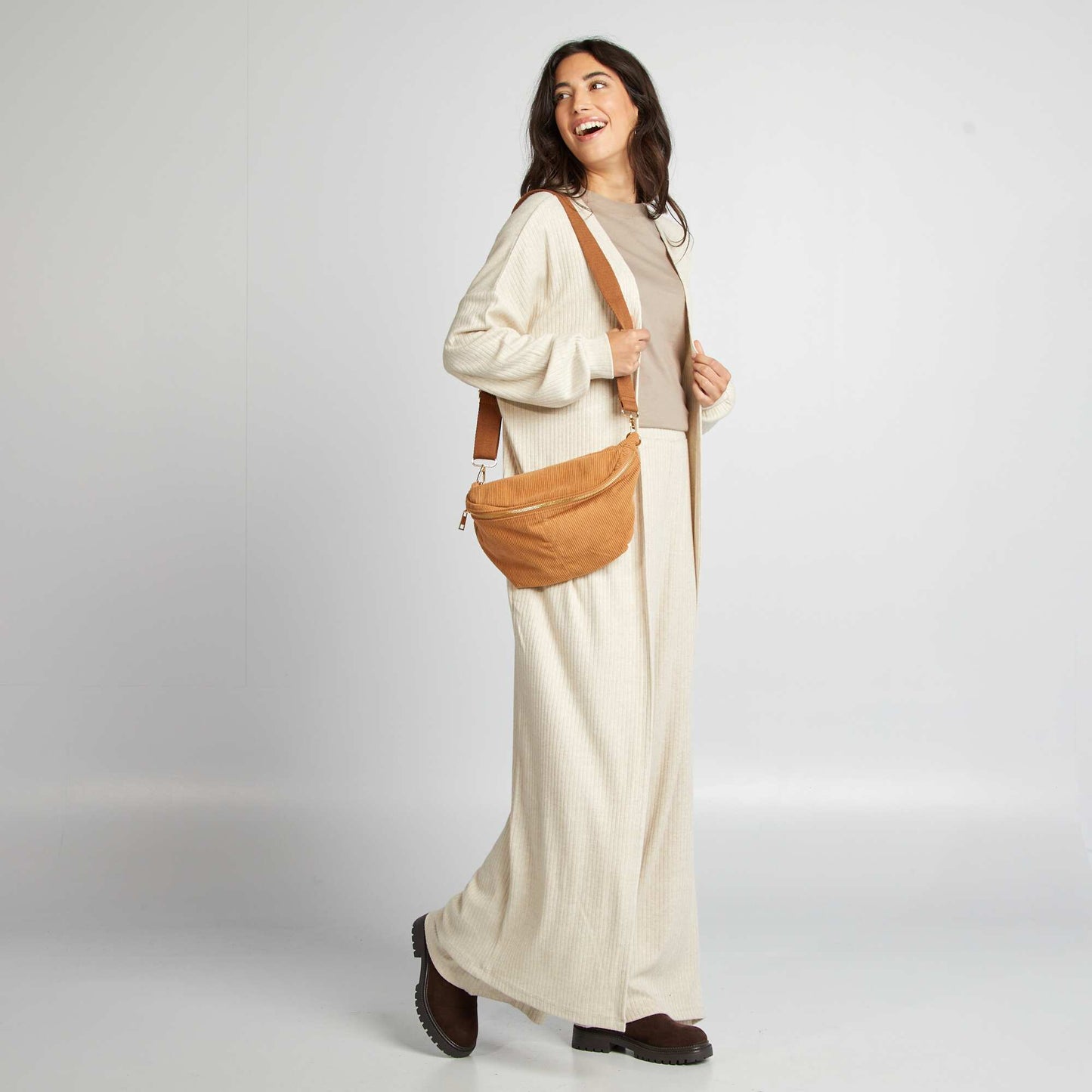 Ribbed waterfall cardigan BEIGE