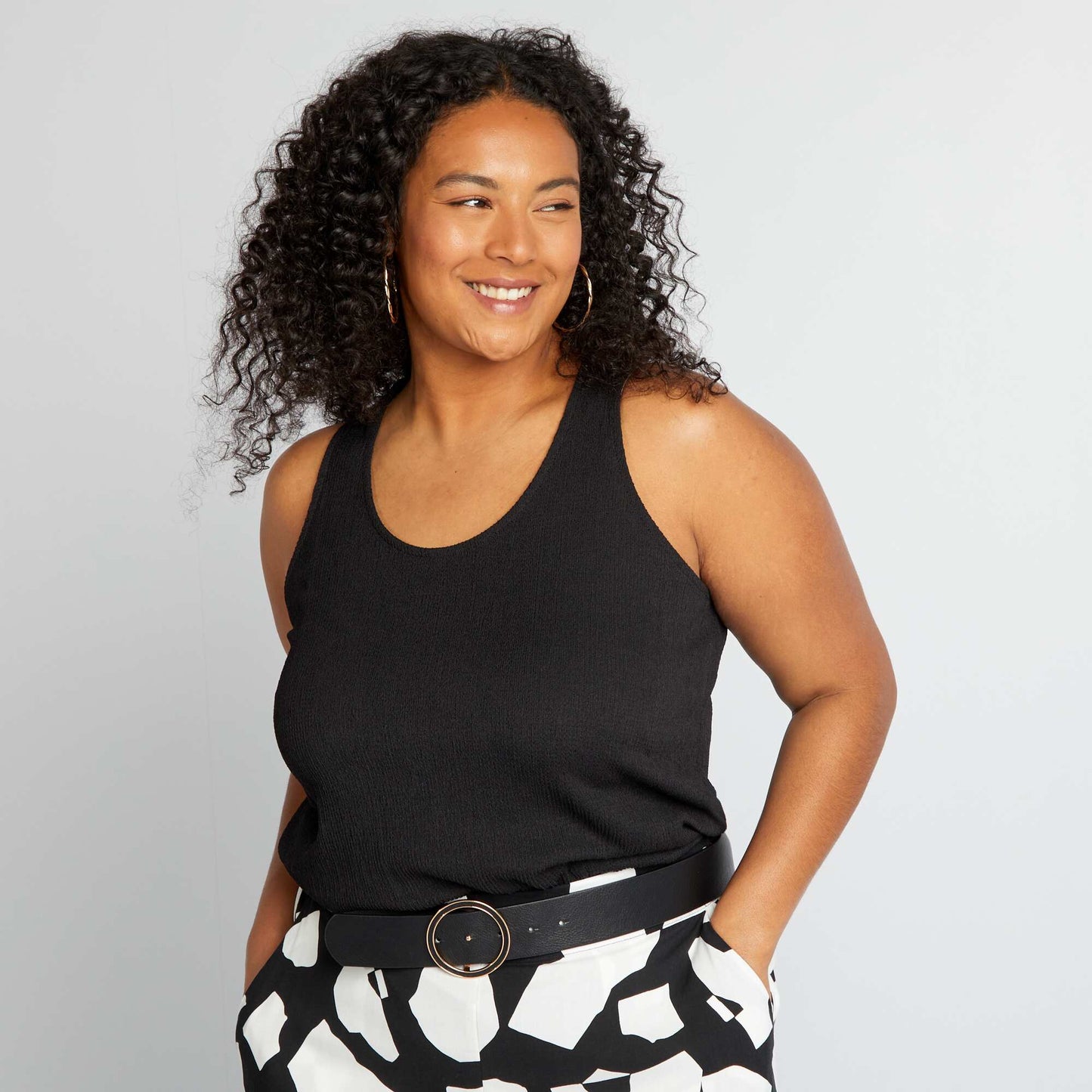 Waffle-knit loose-fit vest top BLACK