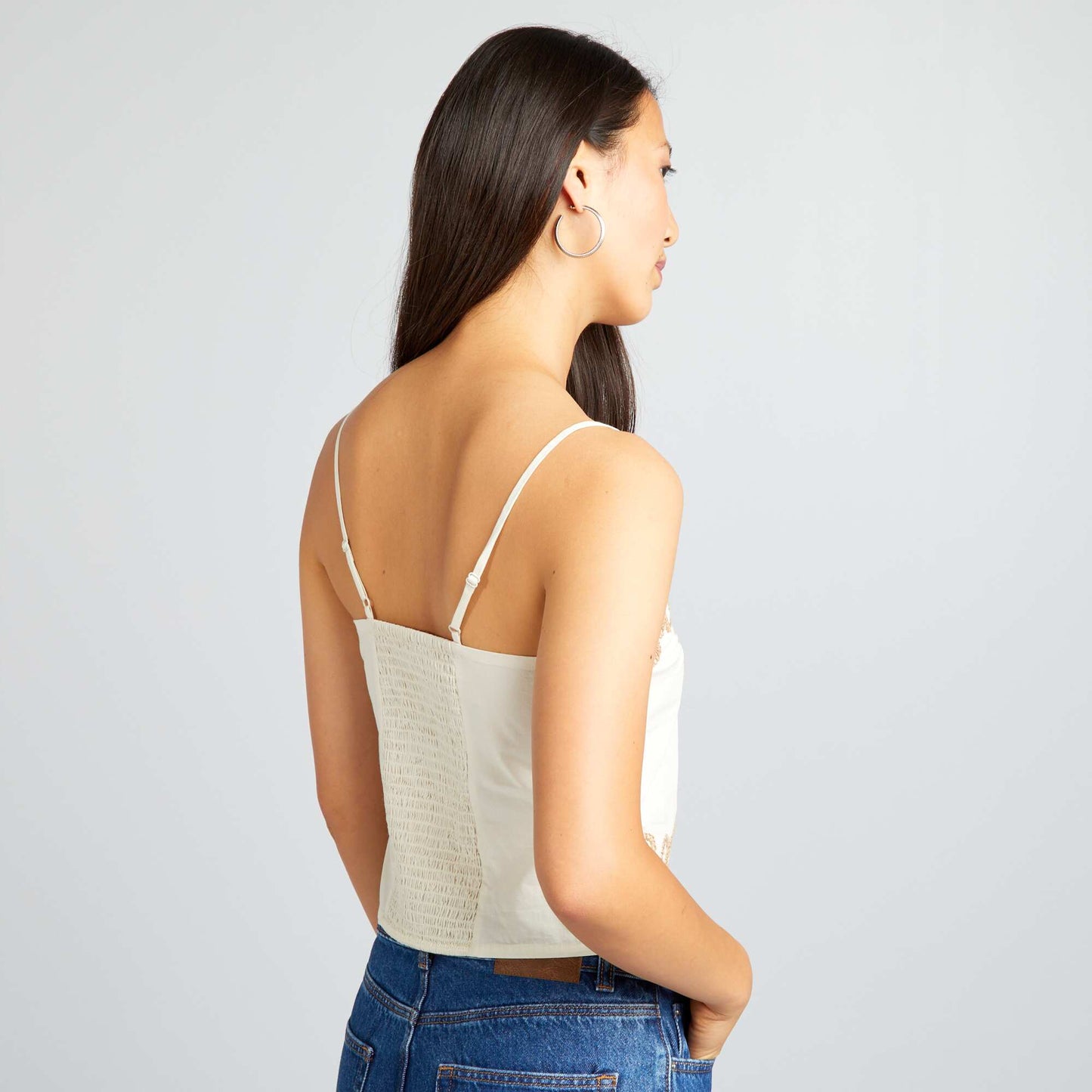 Spaghetti strap top with embroidery BEIGE