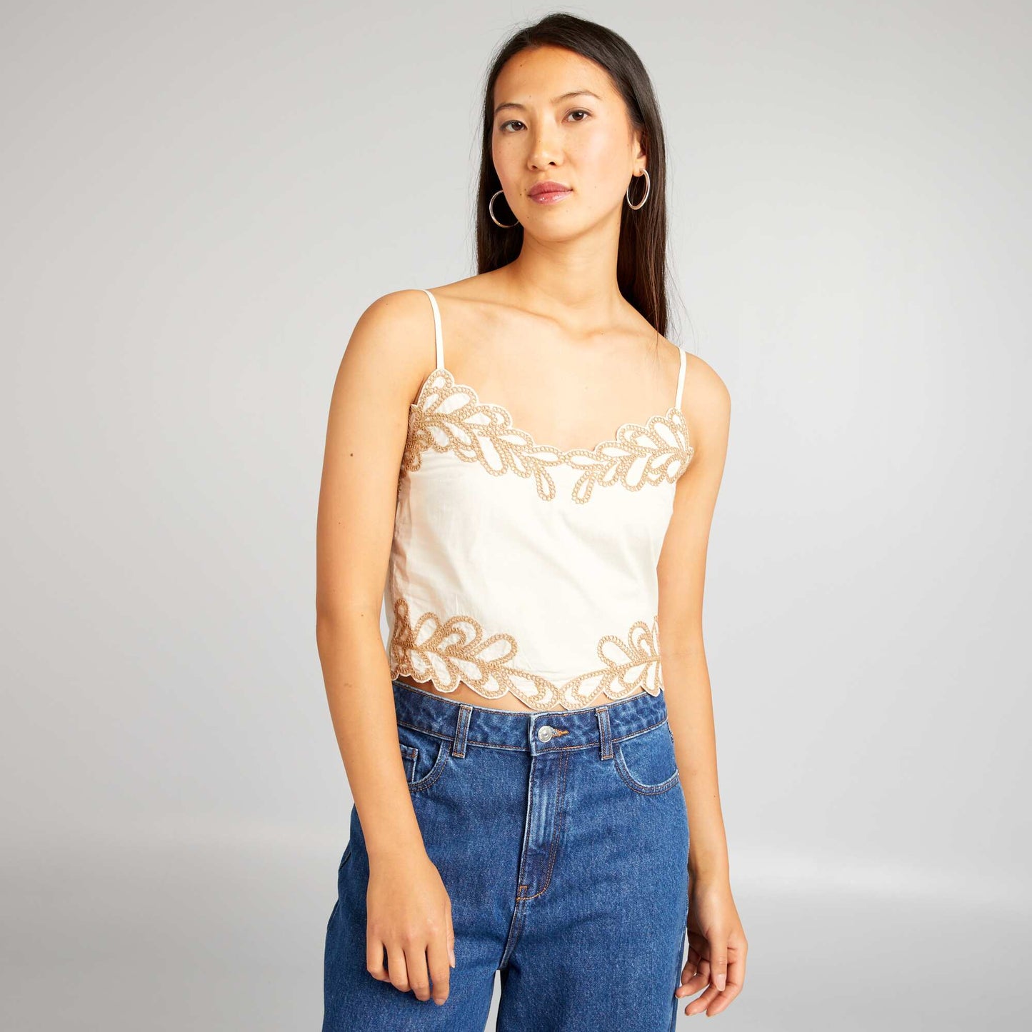 Spaghetti strap top with embroidery BEIGE