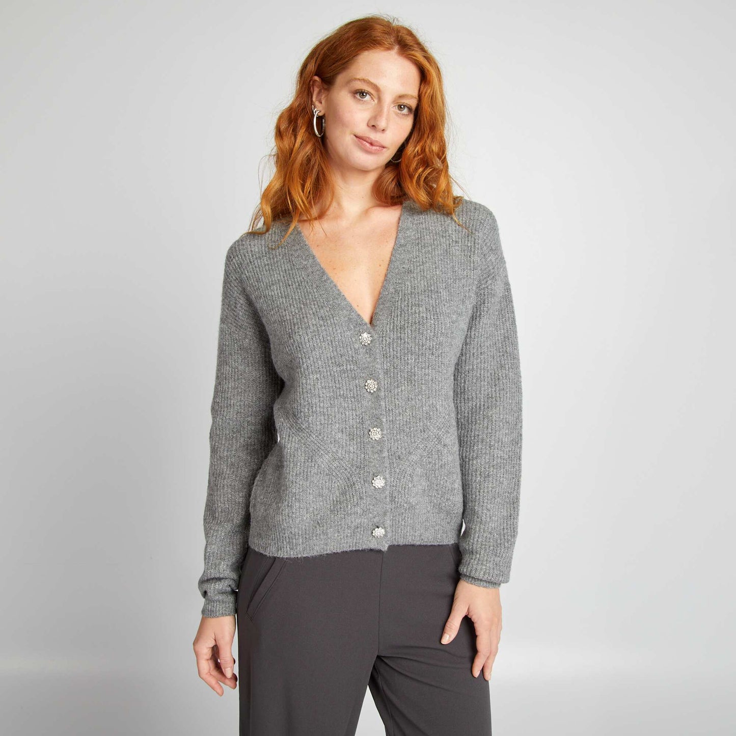 Cardigan with stylish diamanté buttons GREY