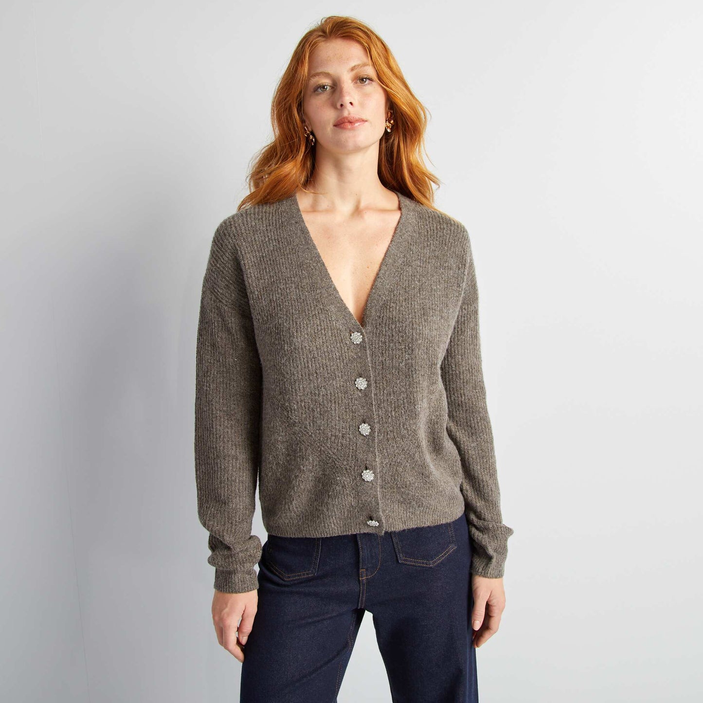 Cardigan with stylish diamanté buttons BROWN