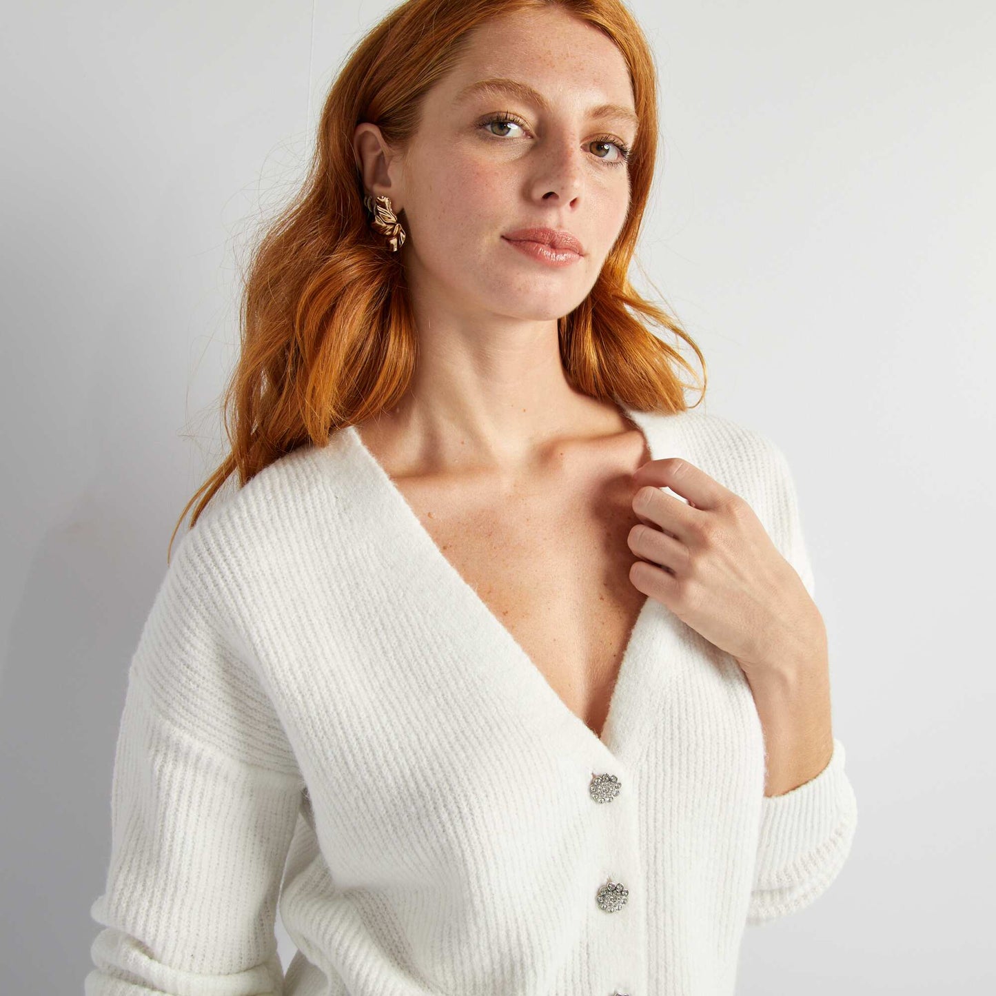 Cardigan with stylish diamanté buttons WHITE