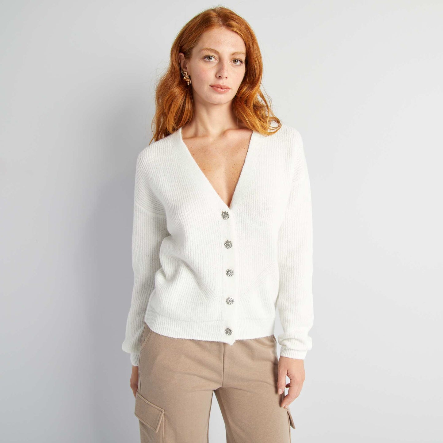 Cardigan with stylish diamanté buttons WHITE